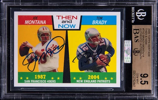 2005 Topps Heritage Tom Brady/Joe Montana Then & Now #TN2 card image