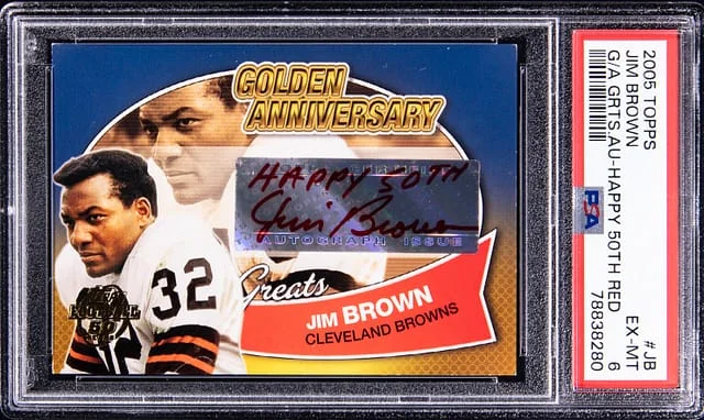 2005 Topps Jim Brown Golden Anniversary Greats Autograph Happy 50th Red #GAG-JB card image
