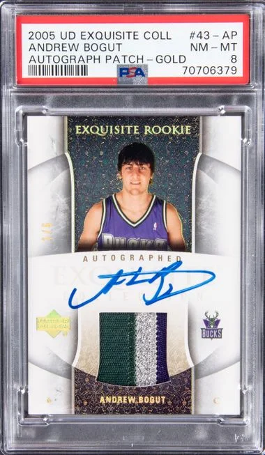 2005 UD Exquisite Collection Autograph Patch-Gold Andrew Bogut #43-AP card image