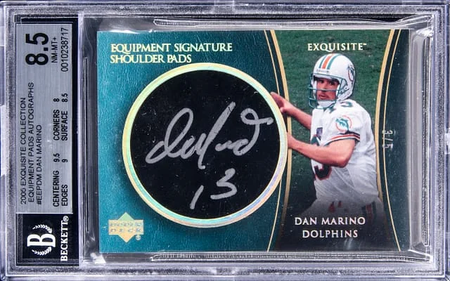 2005 UD Exquisite Collection Equipment Pads Autographs Dan Marino #EEPDM card image