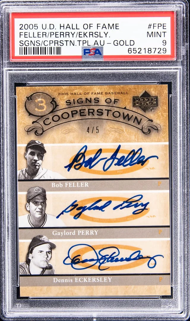 2005 UD Hall of Fame Signs of Cooperstown Triple Autograph Gold Feller/Perry/Eckersley Multi-Signed #FPE card image