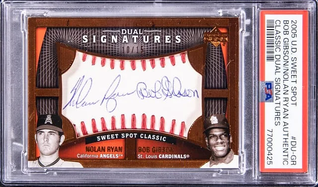 2005 U.D Sweet Spot Classic Dual Signatures Bob Gibson, Nolan Ryan Dual #DU-GR card image