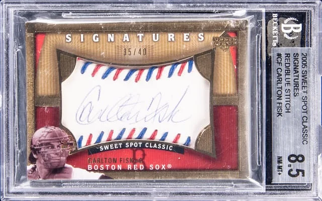 2005 UD Sweet Spot Classic Red/Blue Stitch Signatures Carlton Fisk #CF card image
