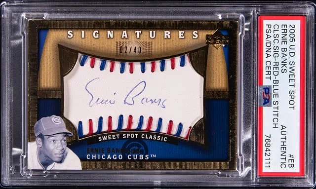 2005 UD Sweet Spot Classic Signatures Red/Blue Stitch Ernie Banks #EB card image