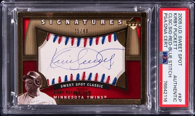 2005 UD Sweet Spot Classic Signatures Red/Blue Stitch Kirby Puckett #KP card image