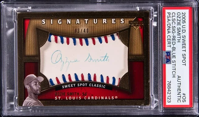 2005 UD Sweet Spot Classic Signatures Red/Blue Stitch Ozzie Smith #OS card image