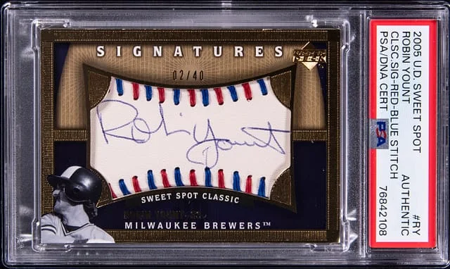 2005 UD Sweet Spot Classic Signatures Red/Blue Stitch Robin Yount #RY card image