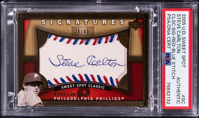 2005 UD Sweet Spot Classic Signatures Red/Blue Stitch Steve Carlton #SC card image