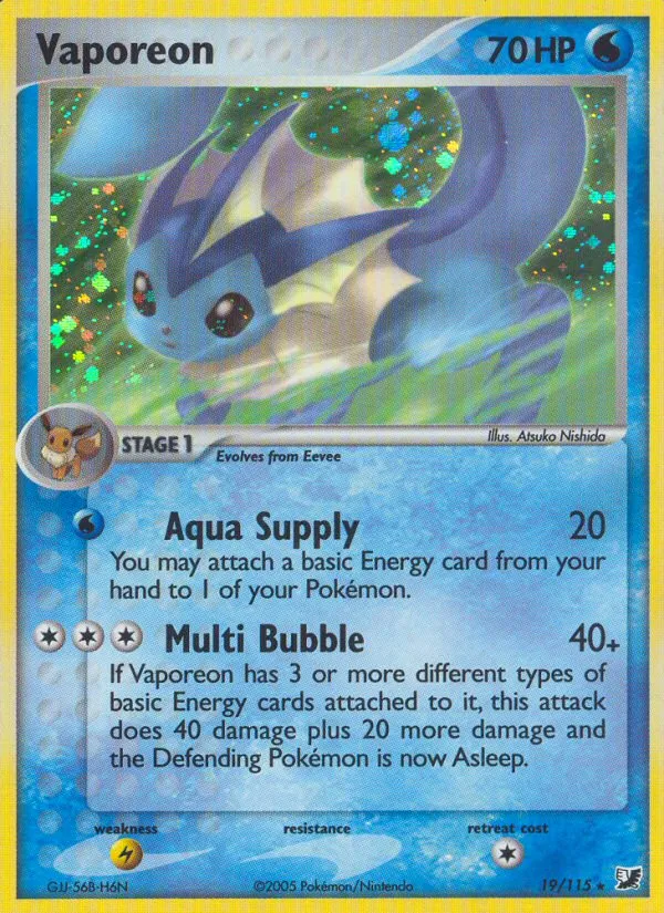 2005 Unseen Forces Vaporeon Rare Holo #019/115 Rare Holo card image