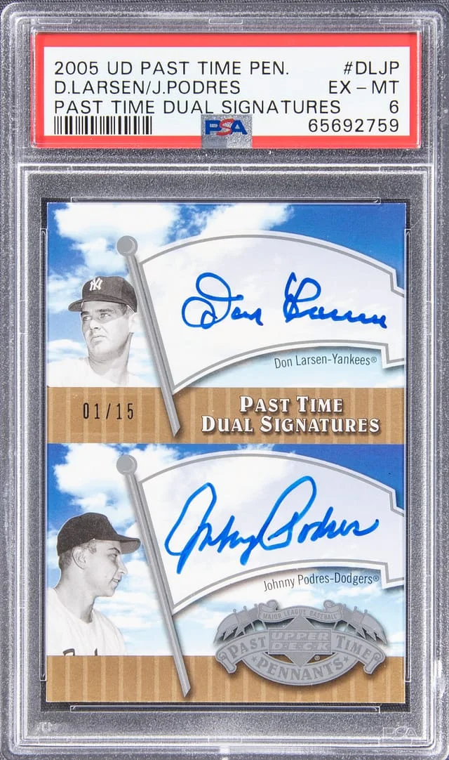 2005 Upper Deck Don Larsen/Johnny Podres Past Time Pennants Dual Signatures #DLJP card image