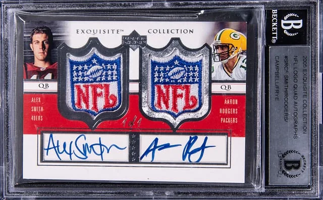 2005 Upper Deck Exquisite Collection Aaron Rodgers/Alex Smith/Jason Campbell/Charlie Frye Multi-Signed NFL Logo Quad Autographs #NFL4-SRCF card image