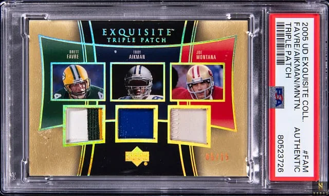 2005 Upper Deck Exquisite Collection Brett Favre/Troy Aikman/Joe Montana Triple Patch #E3P-FAM card image