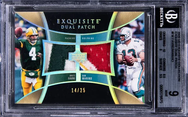 2005 Upper Deck Exquisite Collection Dan Marino/Brett Favre Dual Patch #E2P-FM card image