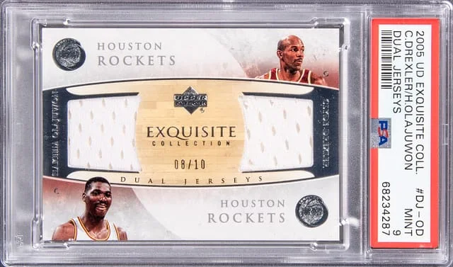 2005 Upper Deck Exquisite Collection Hakeem Olajuwon, Clyde Drexler Dual Dual Jerseys #DJ-OD card image
