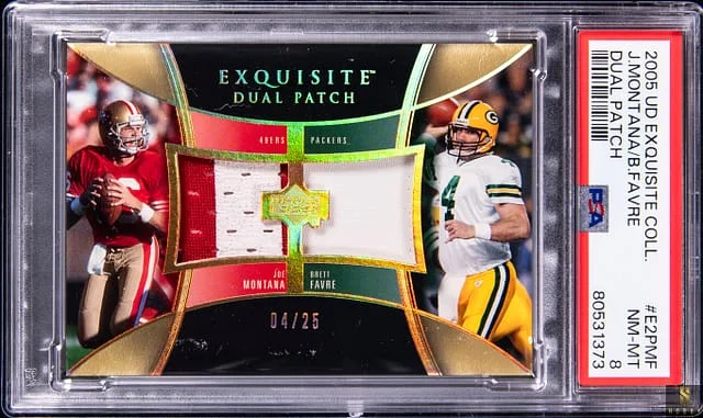 2005 Upper Deck Exquisite Collection Joe Montana/Brett Favre Dual Patch #E2PMF card image