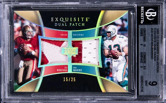 2005 Upper Deck Exquisite Collection Joe Montana/Dan Marino Dual Patch #E2P-JD card image
