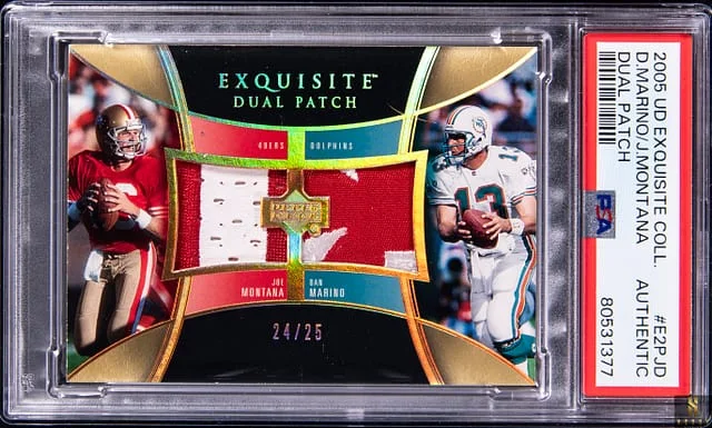 2005 Upper Deck Exquisite Collection Joe Montana/Dan Marino Dual Patch #E2PJD card image