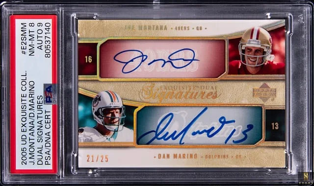2005 Upper Deck Exquisite Collection Joe Montana/Dan Marino Dual Signatures #E2S-MM card image