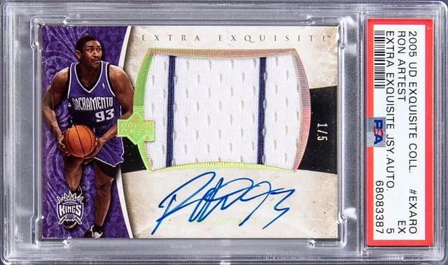 2005 Upper Deck Exquisite Collection Ron Artest Extra Exquisite Jersey Autograph #EXARO card image
