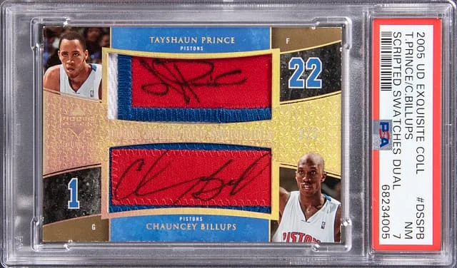 2005 Upper Deck Exquisite Collection Tayshaun Prince, Chauncey Billups Scripted Swatches Dual #DSSPB card image