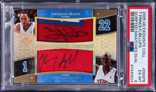 2005 Upper Deck Exquisite Collection Tayshaun Prince/Chauncey Billups Scripted Swatches Dual #DSSPB card image