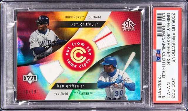 2005 Upper Deck Ken Griffey Jr., Ken Griffey Sr. Reflections Cut from the Same Cloth #CC-GG2 card image