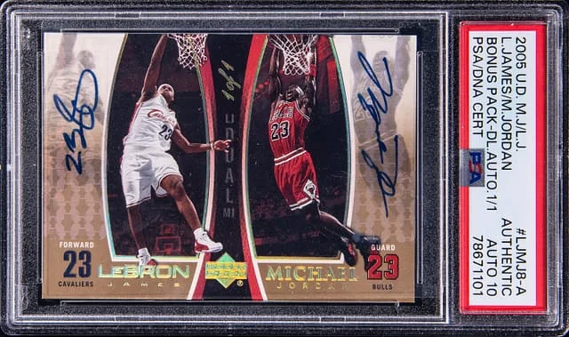 2005 Upper Deck LeBron James/Michael Jordan Dual MJ/LJ Bonus Pack Dual Autograph #LJMJ8-A card image