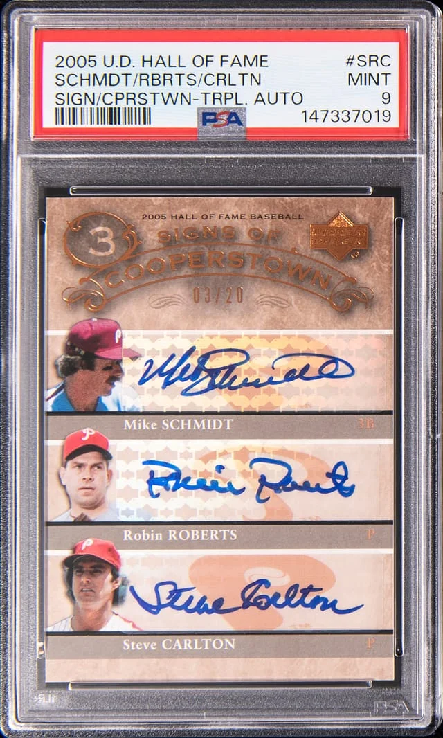 2005 Upper Deck Mike Schmidt/Robin Roberts/Steve Carlton Multi-Signed Hall Of Fame Signs Of Cooperstown Triple Autographs #SRC card image