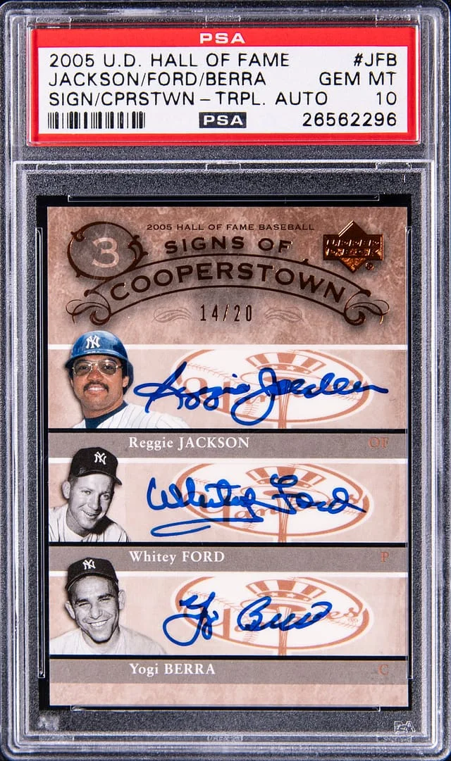 2005 Upper Deck Reggie Jackson/Whitey Ford/Yogi Berra Multi-Signed Hall of Fame Signs of Cooperstown Triple Autograph #JFB card image