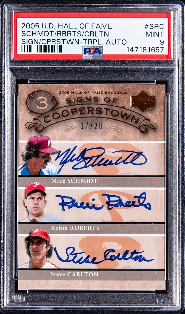 2005 Upper Deck Schmidt/Roberts/Carlton Multi-Signed Hall Of Fame Signs Of Cooperstown Triple Autographs #SRC card image