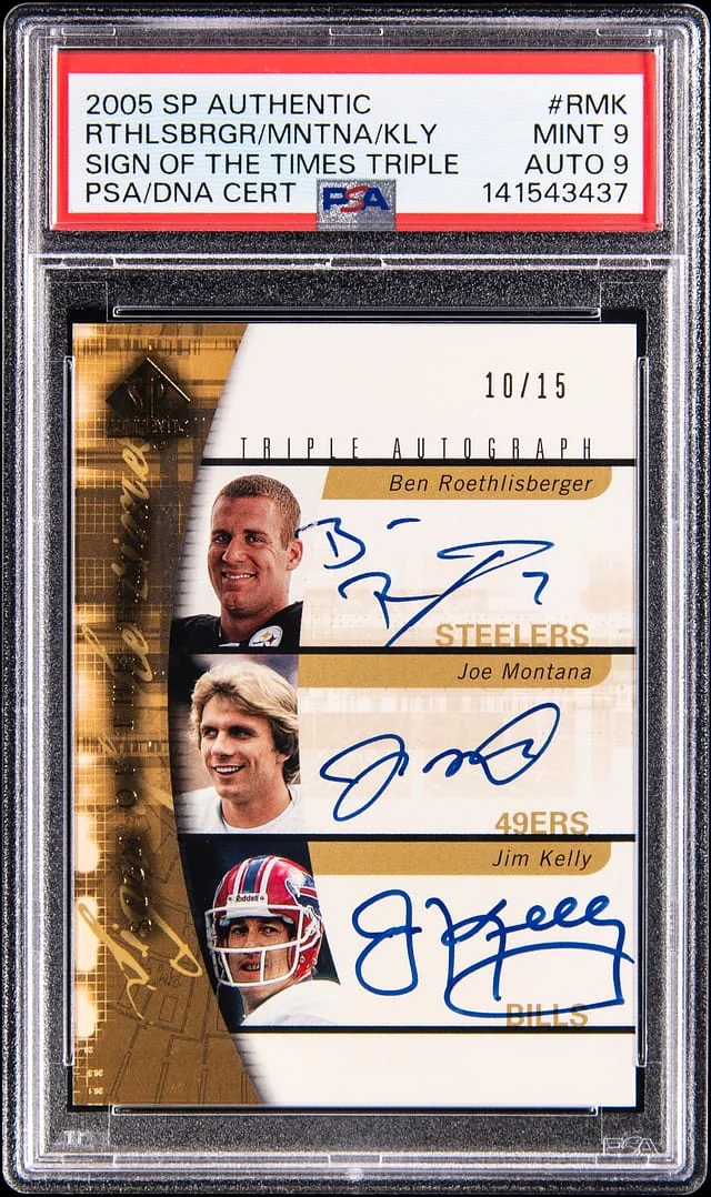 2005 Upper Deck SP Authentic Ben Roethlisberger/Joe Montana/Jim Kelly Multi-Signed Sign of the Times Triple #SOT3-RMK card image