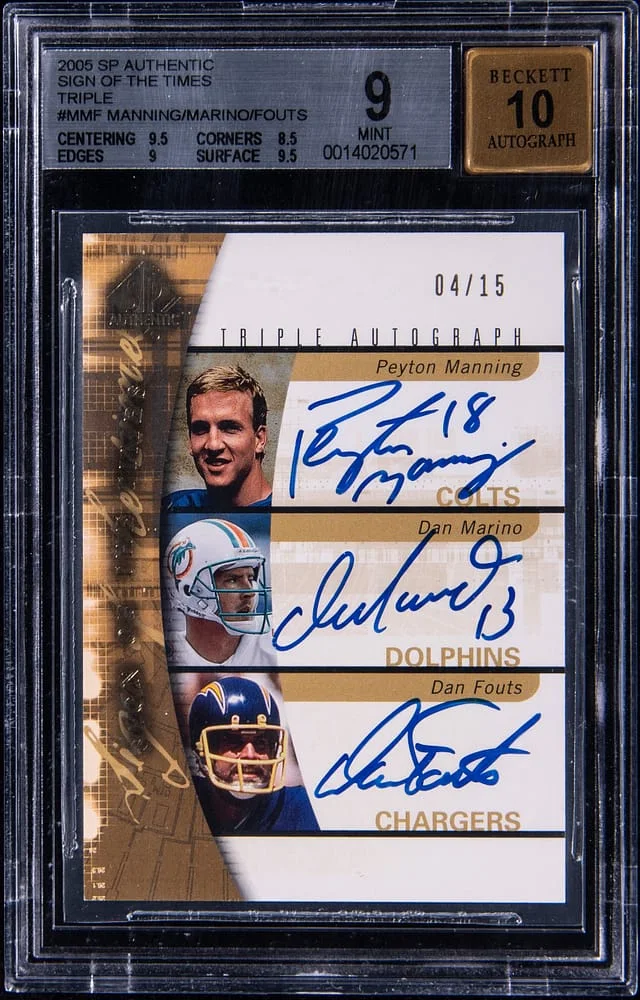 2005 Upper Deck SP Authentic Peyton Manning/Dan Marino/Dan Fouts Multi-Signed Sign of the Times Triple #SOT3-MMF card image