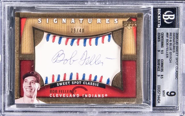 2005 Upper Deck Sweet Spot Classic Bob Feller Signatures Red & Blue Stitch #BF card image