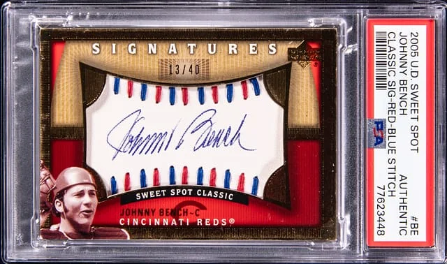 2005 Upper Deck Sweet Spot Classic Johnny Bench Signatures Red-Blue Stitch #BE card image