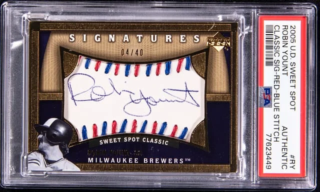 2005 Upper Deck Sweet Spot Classic Robin Yount Signatures Red-Blue Stitch #RY card image