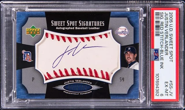 2005 Upper Deck Sweet Spot Signatures Justin Verlander Red Stitch Blue Ink #SS-JV card image