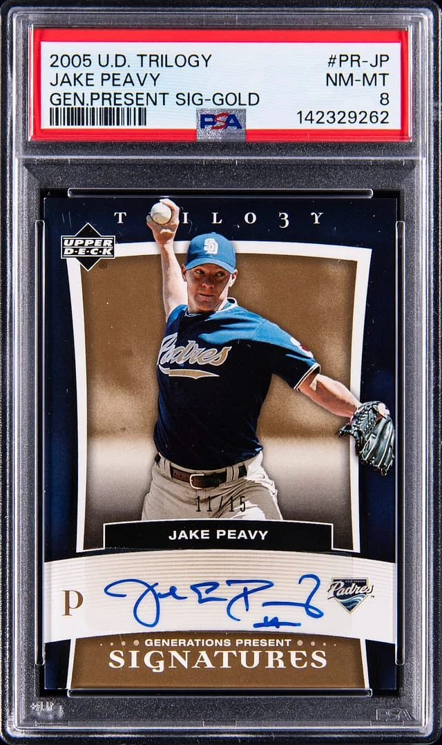 2005 Upper Deck Trilogy Jake Peavy Generations Present Signatures Gold #PR-JP card image
