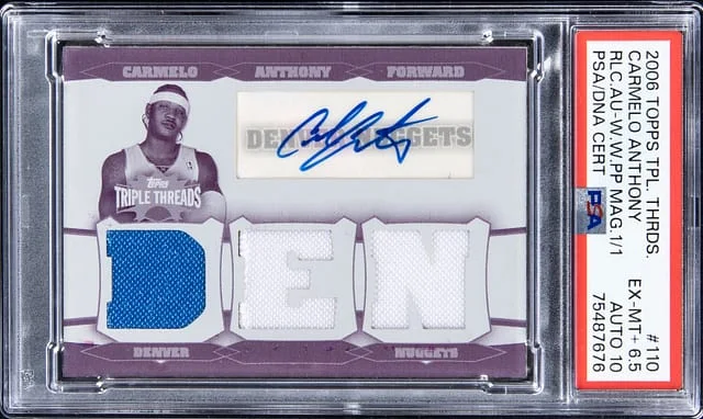 2006-07 Topps Triple Threads Carmelo Anthony White Whale Relic Autograph Magenta Printing Plate #WWRA-110 card image