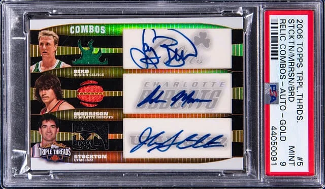 2006-07 Topps Triple Threads Larry Bird/Adam Morrison/John Stockton Triple Relic Combos Autograph Gold #TTRCA-5 card image