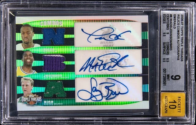 2006-07 Topps Triple Threads Larry Bird/Magic Johnson/Dwyane Wade Multi-Signed Relic Combos Autographs Emerald #TTRCA-8 card image