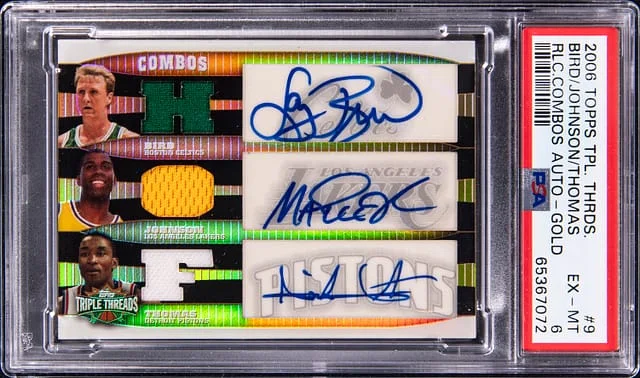 2006-07 Topps Triple Threads Larry Bird/Magic Johnson/Isiah Thomas Multi-Signed Relic Combos Autograph Gold #9 card image