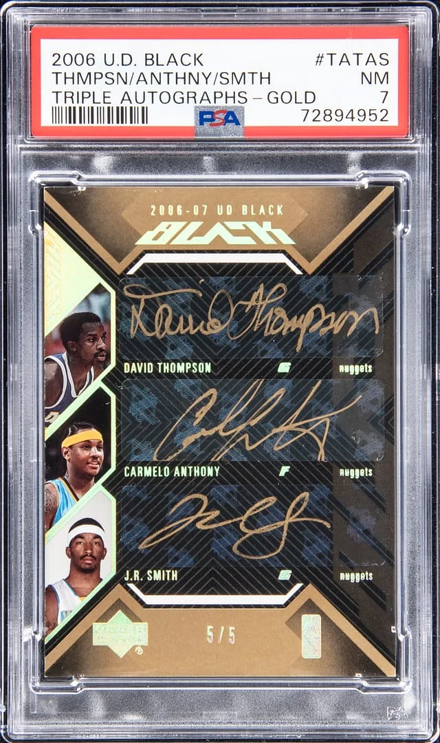 2006-07 Upper Deck Black Carmelo Anthony/David Thompson/J.R. Smith Multi-Signed Triple Autographs Gold #TA-TAS card image