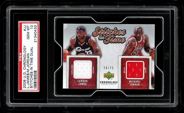 2006-07 Upper Deck Chronology LeBron James/Michael Jordan Game-Used Stitches In Time Dual #SITD-JJ card image
