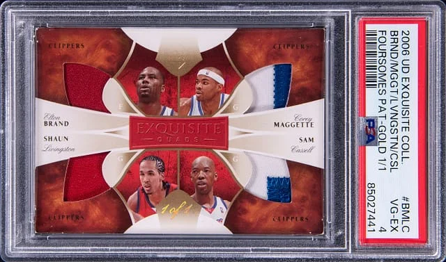 2006-07 Upper Deck Exquisite Collection Elton Brand/Shaun Lingston/Corey Maggette/Sam Cassell Foursomes Patch Gold 1/1 #BMLC card image