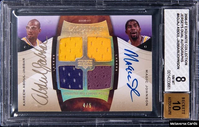 2006-07 Upper Deck Exquisite Collection Kareem Abdul-Jabbar/Magic Johnson Jerseys Dual Autographs #ADJ-AJ card image