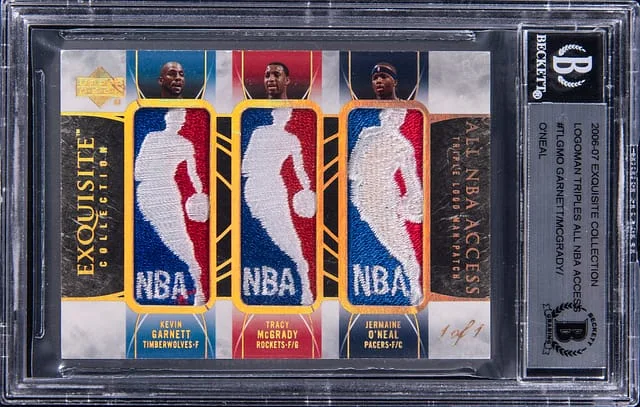 2006-07 Upper Deck Exquisite Collection Kevin Garnett/Tracy McGrady/Jermaine O'Neal Game-Used All NBA Access Triple Logoman #TL-GMO card image