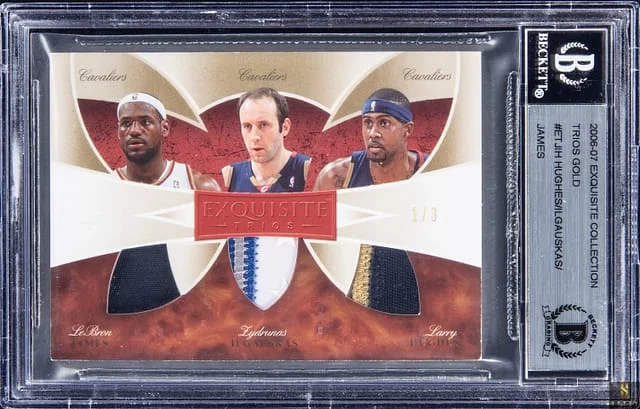 2006-07 Upper Deck Exquisite Collection LeBron James/Zydrunas Ilgauskas/Larry Hughes Game-Used Trios Gold #ET-JIH card image