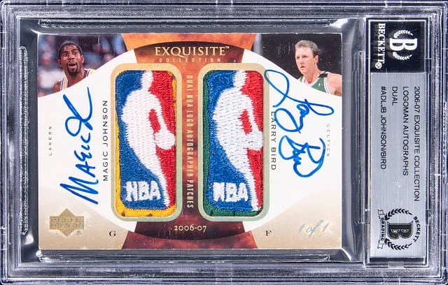 2006-07 Upper Deck Exquisite Collection Magic Johnson/Larry Bird Logoman Autographs Dual #ADL-JB card image