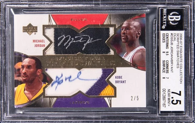 2006-07 Upper Deck Exquisite Collection Michael Jordan/Kobe Bryant Dual Scripted Swatches #DSS-JB card image