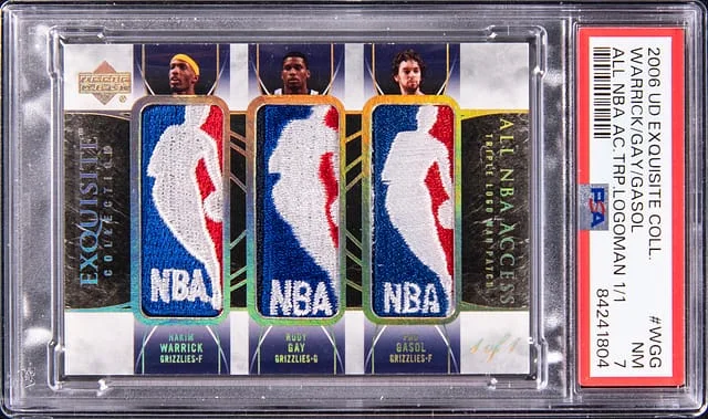 2006-07 Upper Deck Exquisite Collection Pau Gasol/Rudy Gay/Hakim Warrick All NBA Access Triple Logoman #TL-WGG card image